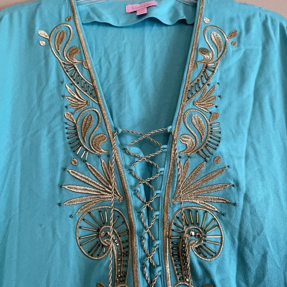 LILLY PULITZER Beaded Seaside Aqua Chai Caftan Swimsuit Coverup S/M - Picture 3 of 12